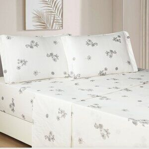 Shanon Black White‎ Floral 100% Cotton Sheet Set with Pillowcase French Country